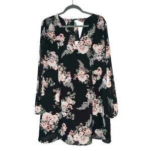 BCBGeneration Long Sleeve Floral V Neckline Dress Sheer Lined Tie Neck Size Larg